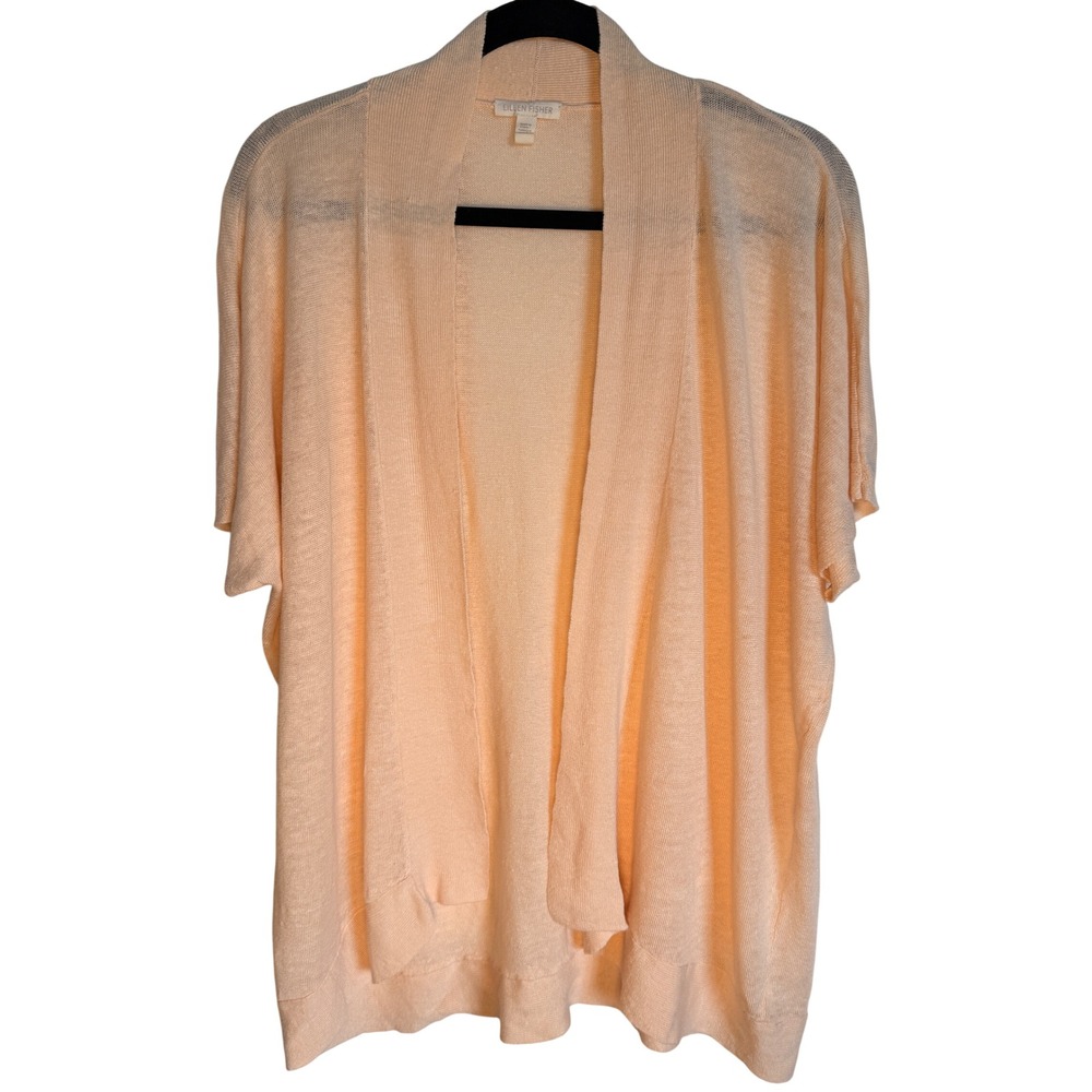 Eileen Fisher Organic Linen Open Front Cardigan Womens Large Peach Short Sleeve